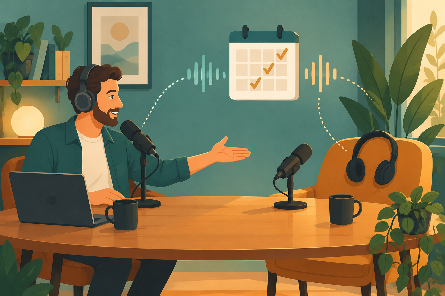 Illustration of a podcast host welcoming a guest with a calendar of booked interviews